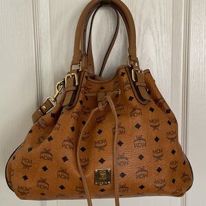 MCM Cognac Visetos Drawstring Shoulder Bag with Gold Hardware